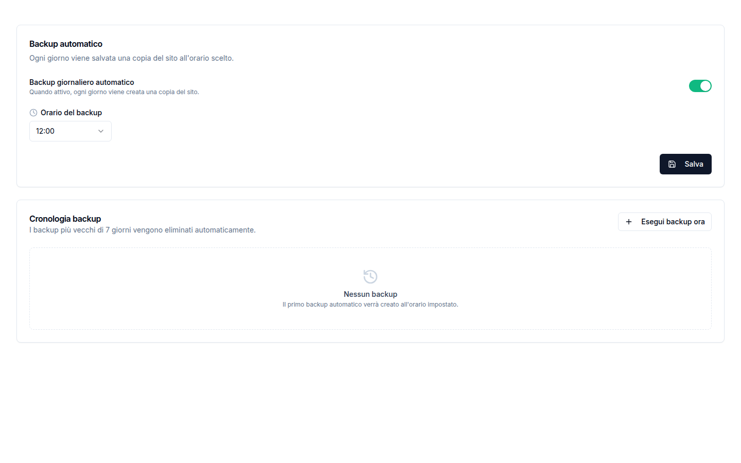 La sezione Backup: backup giornaliero attivo, orario impostato e pulsante per eseguire un backup manuale.