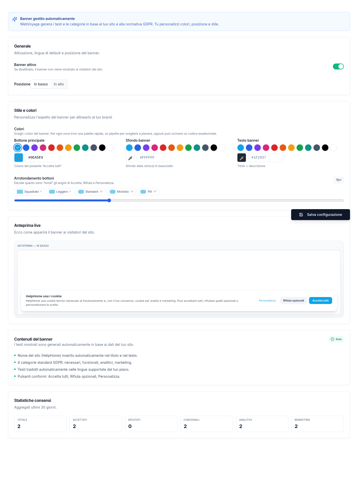 La configurazione del banner cookie: attivazione, colori e stile, e anteprima dal vivo del banner.