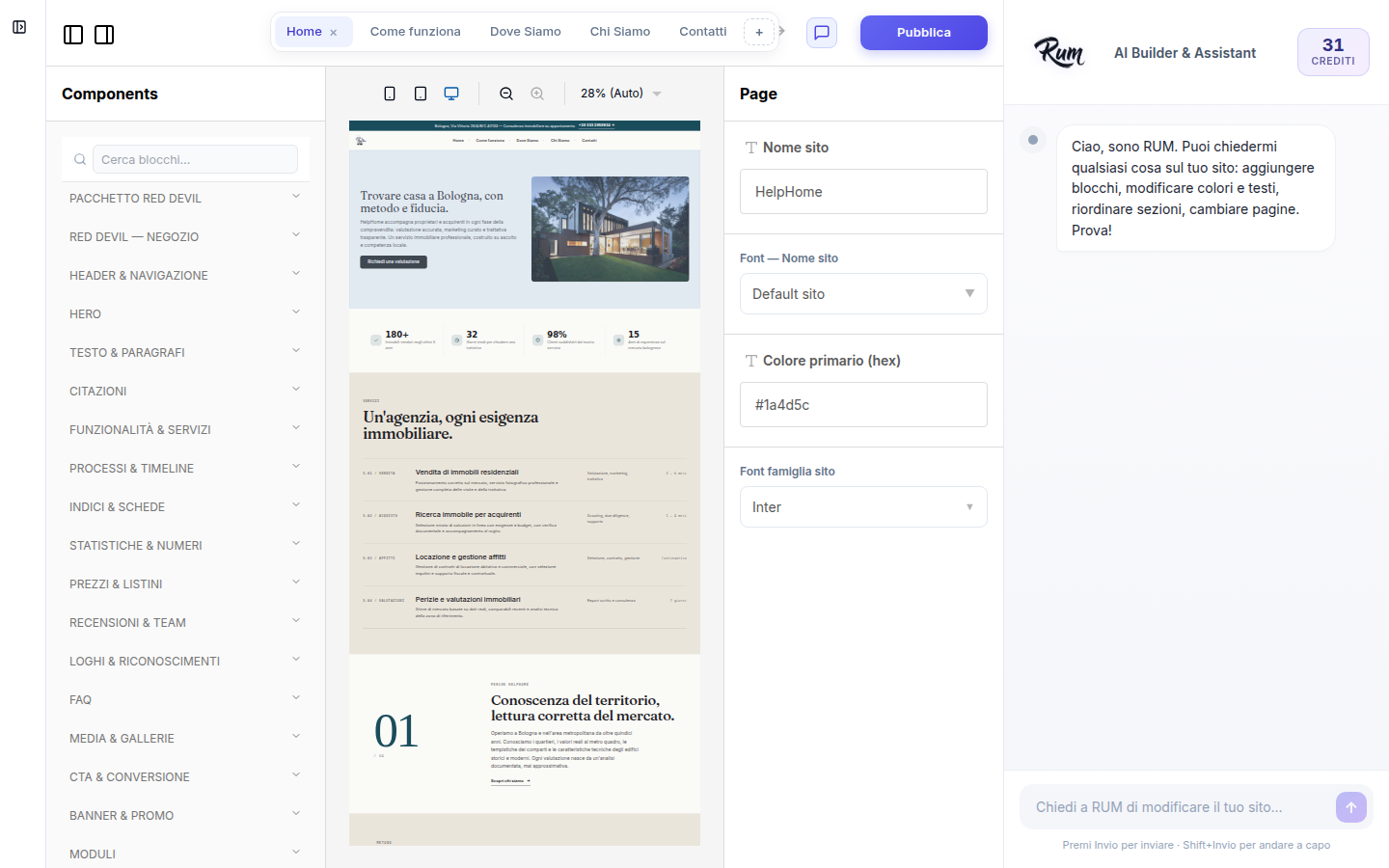 L’editor di WebVoyage: libreria blocchi a sinistra, anteprima al centro, impostazioni a destra e tasto Pubblica in alto.